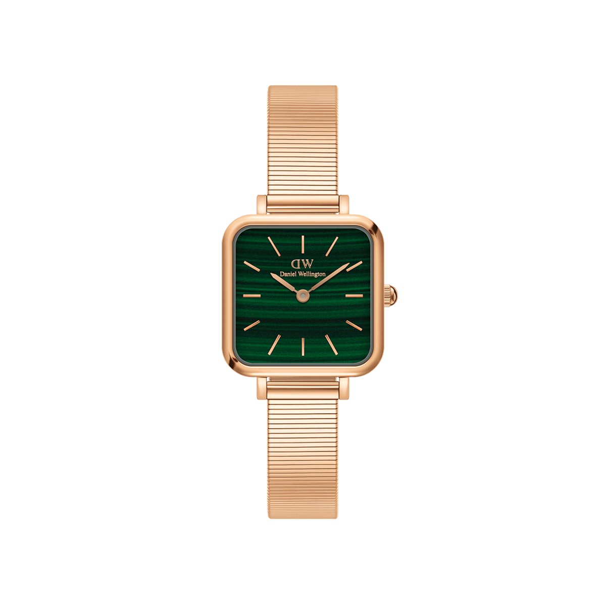 Quadro Studio Green Rose Gold women’s watch featuring a square rose gold case, emerald green dial, minimalist markers, and a slender Piano Link strap.