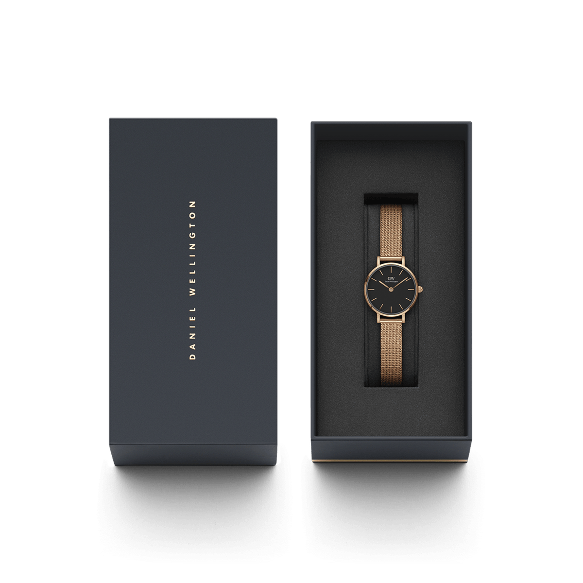 Petite Pressed Melrose Black women’s watch with a rose gold mesh strap and black dial, elegantly presented in a Daniel Wellington gift box.