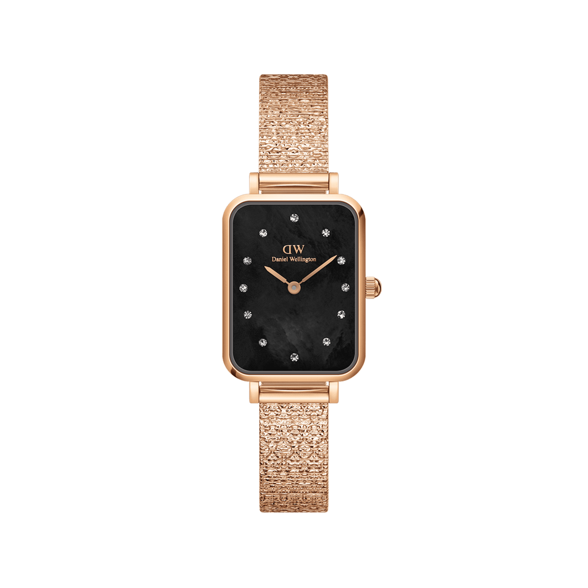 Rectangular rose gold women’s watch with a pressed piano link strap, black mother of pearl dial, and crystal-set indexes.
