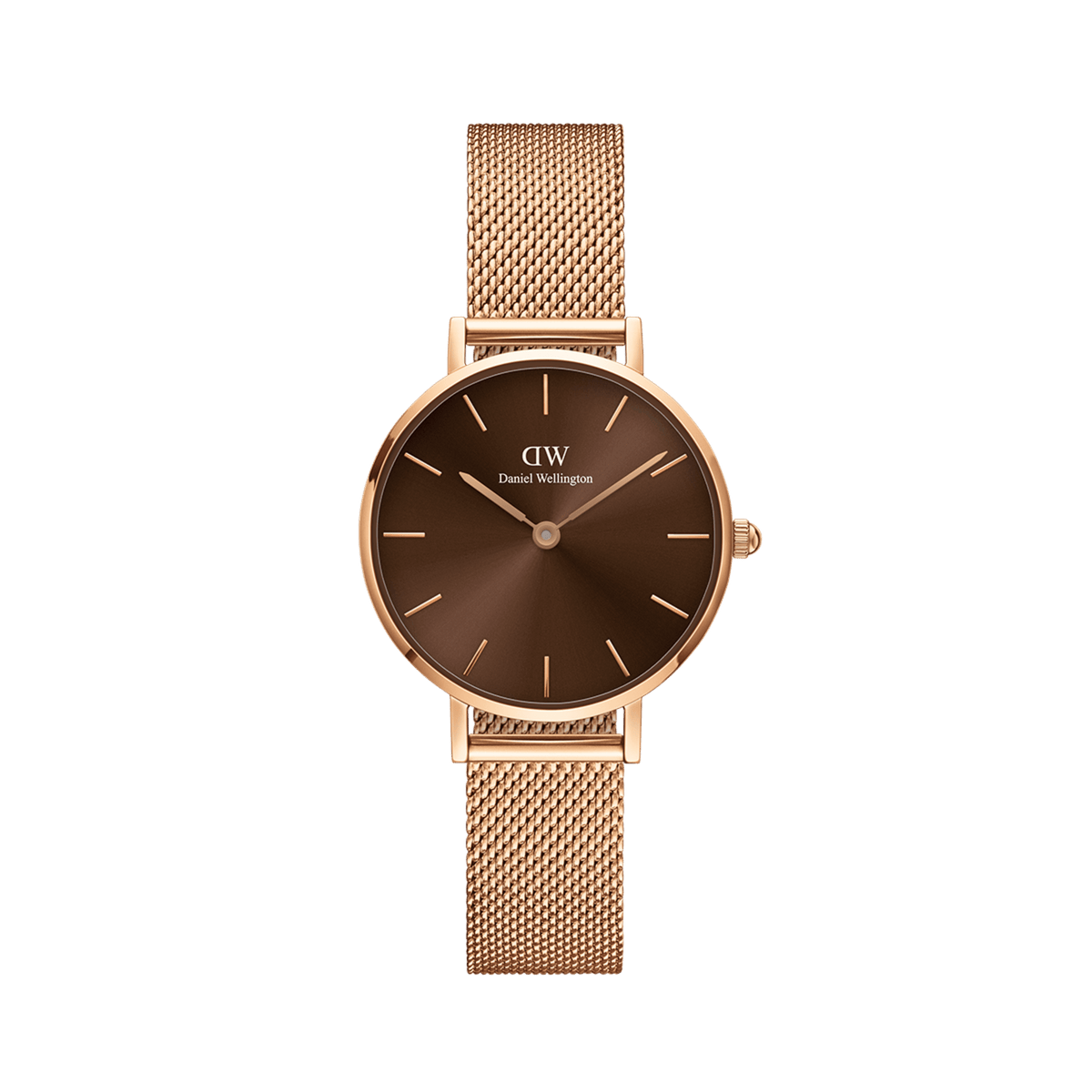 Petite Amber women’s watch featuring a 28mm rose gold case, sunray amber brown dial, and a polished rose gold mesh strap.