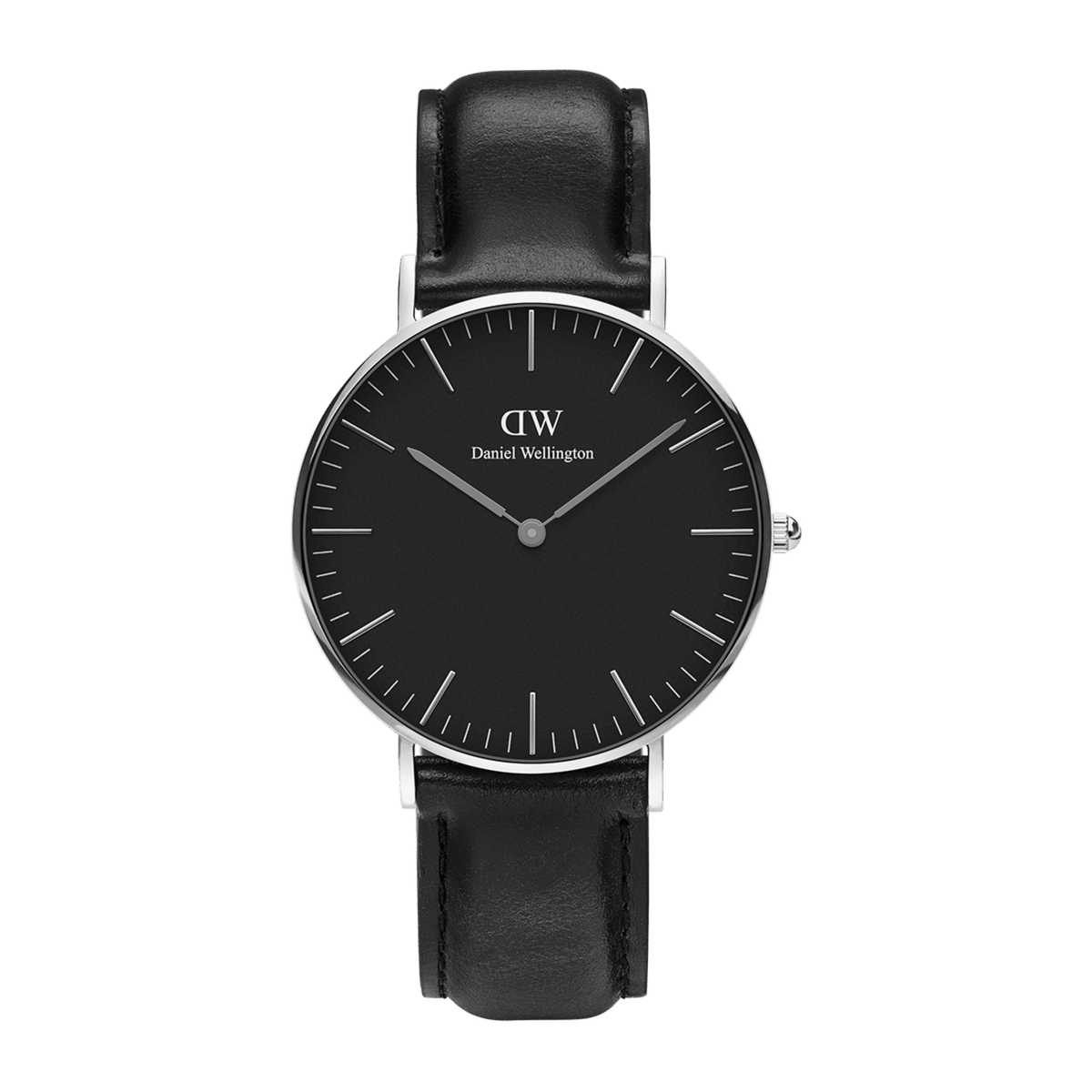 Classic Sheffield Black Silver watch featuring a minimalist black dial, polished silver case, and a genuine black leather strap.