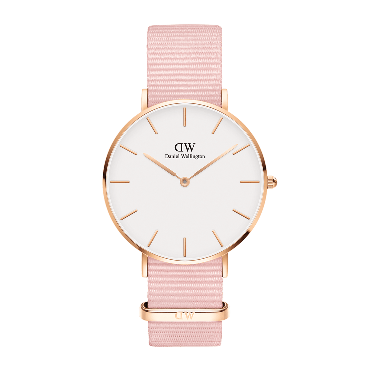 Petite Rosewater Rose Gold women’s watch featuring a minimalist white dial, slim rose gold case, and a delicate pink NATO fabric strap.