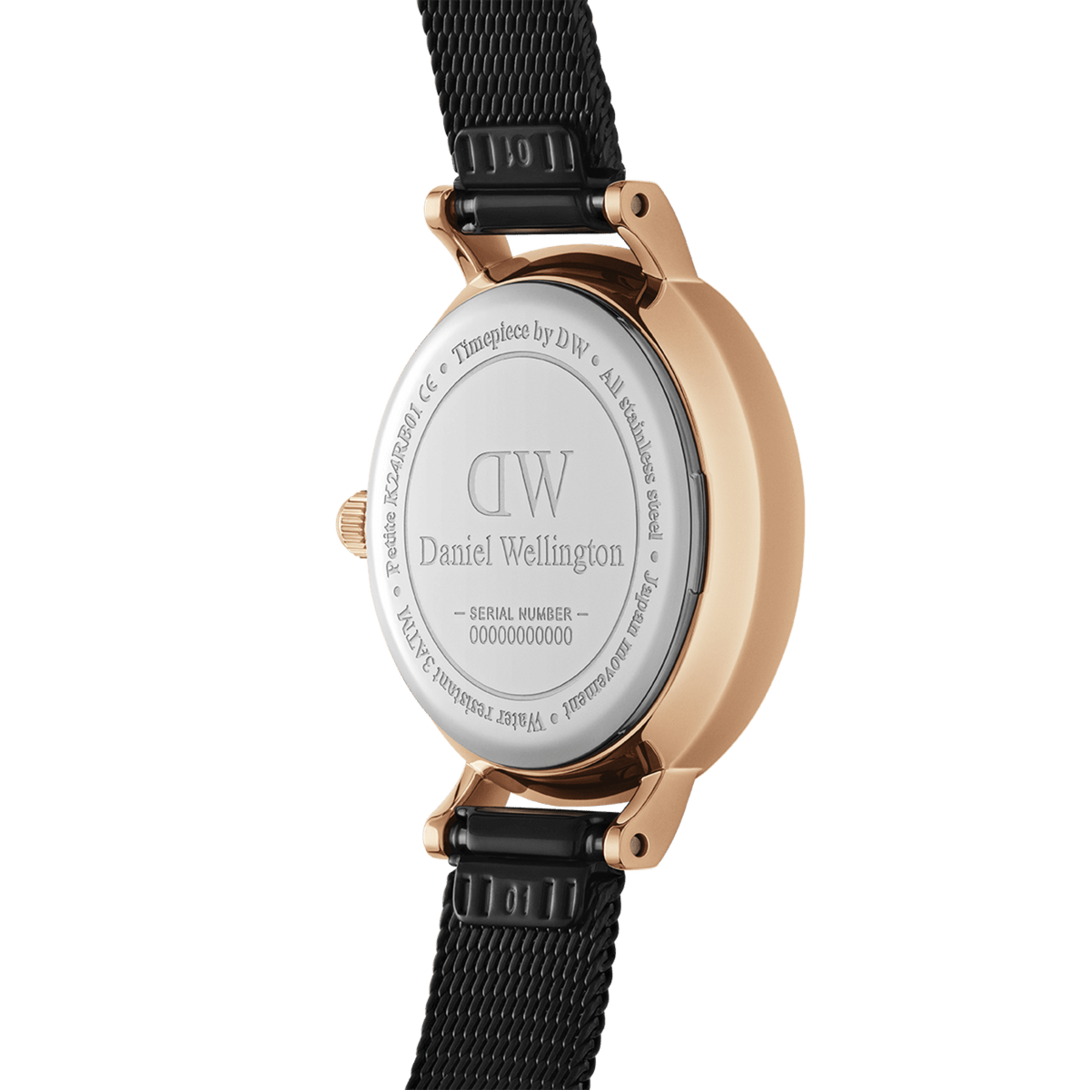 Close-up of the Petite Pressed Ashfield watch showing the engraved stainless steel case back, rose gold casing, and black pressed mesh strap.