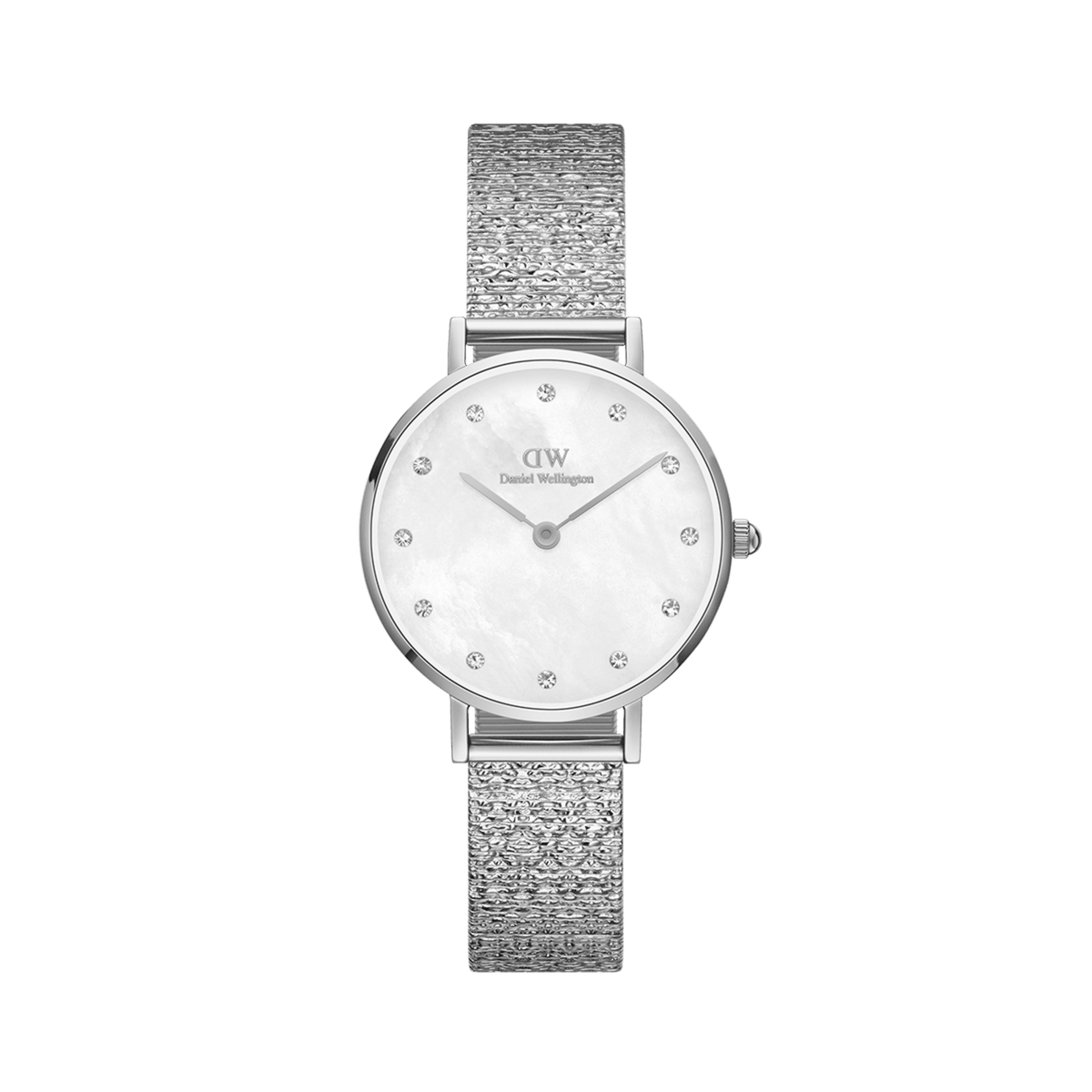 Silver women’s watch with white mother of pearl dial, crystal markers, and textured pressed Piano Link stainless steel strap.