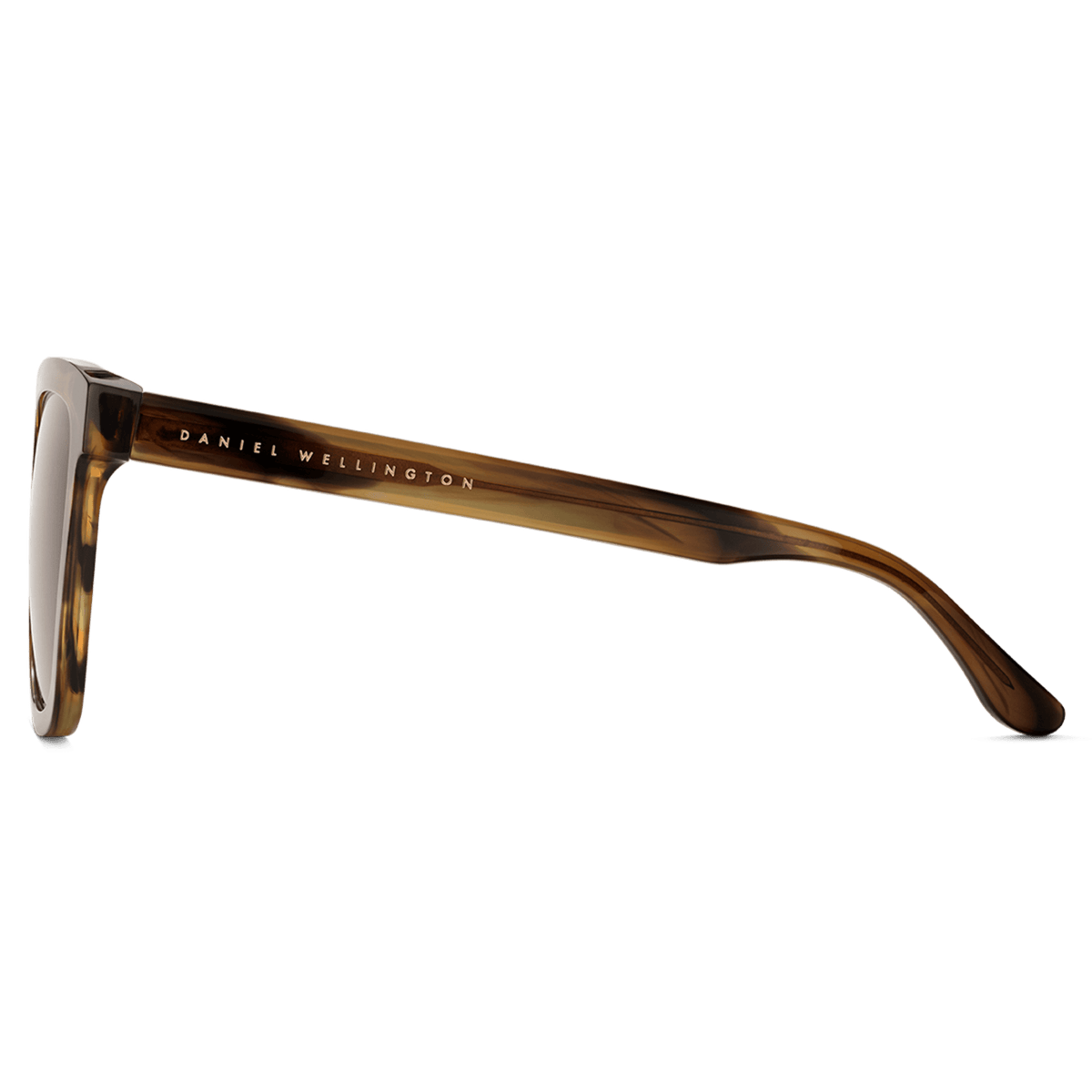 Side view of the Grande Bio-Acetate Brown Demi sunglasses showing the brown tortoiseshell-effect frame and Daniel Wellington branding along the arm.