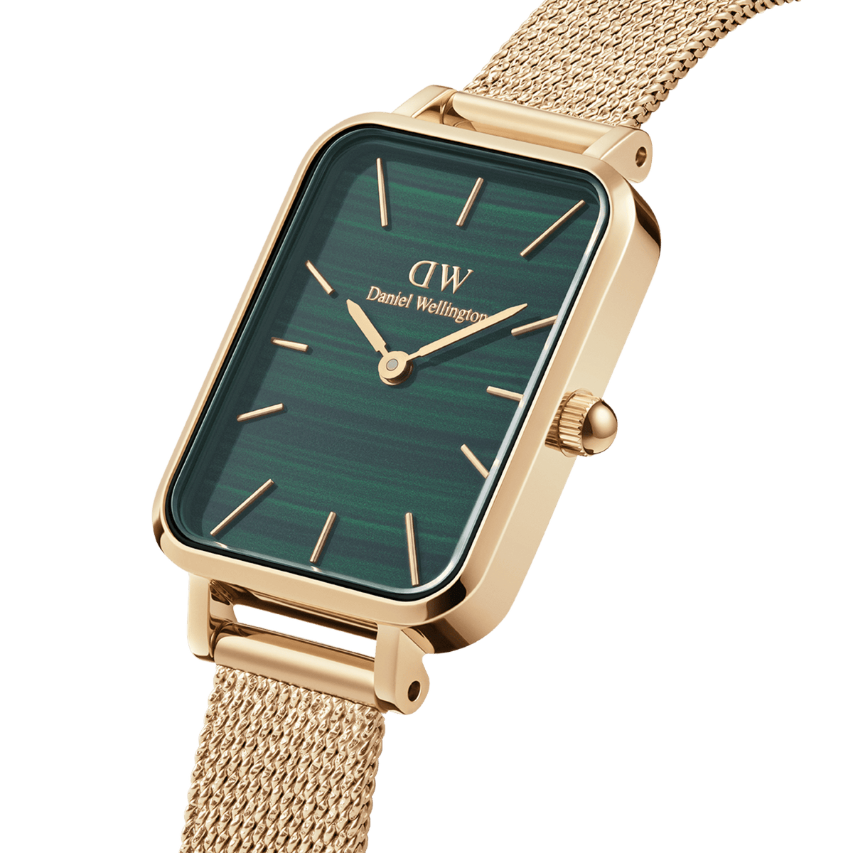 Daniel Wellington Quadro Pressed Evergold women’s watch with gold mesh strap and green rectangular dial, elegant design.