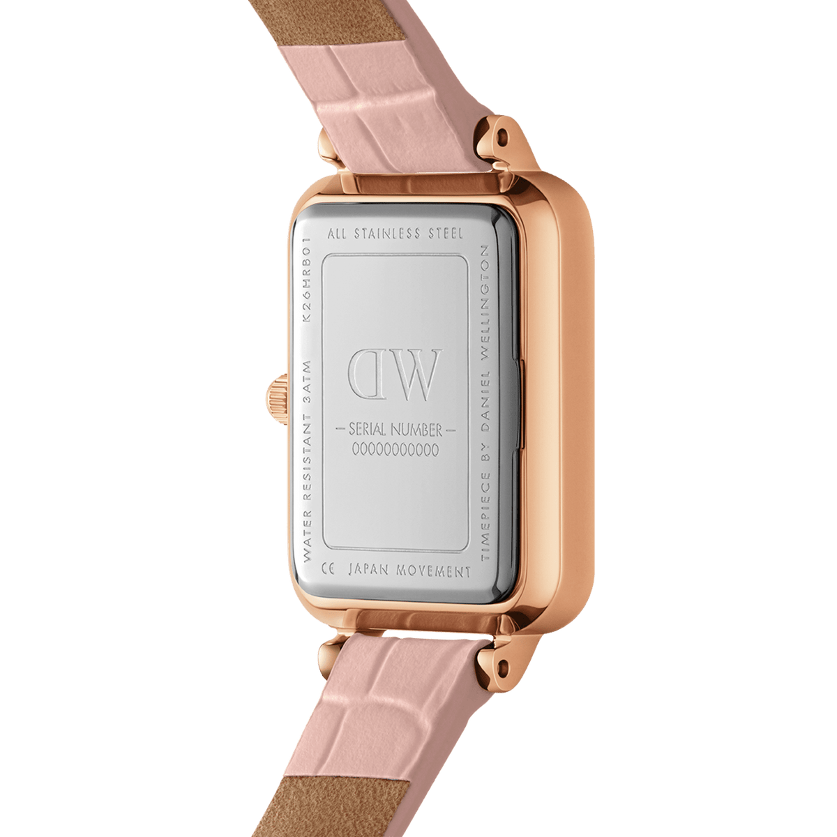 Back view of the Quadro Pressed Rouge watch showing the engraved stainless steel case, rose gold edging, and nude pink croc-pattern leather strap.