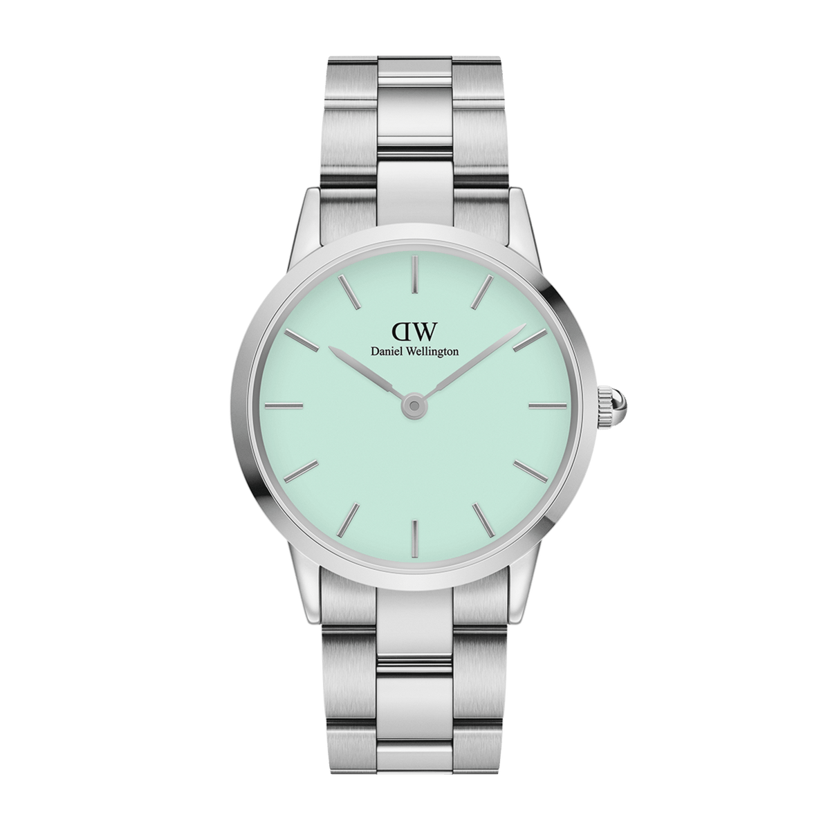 Daniel Wellington Iconic Link Mint Silver women’s watch with pastel mint green dial and polished stainless steel bracelet.