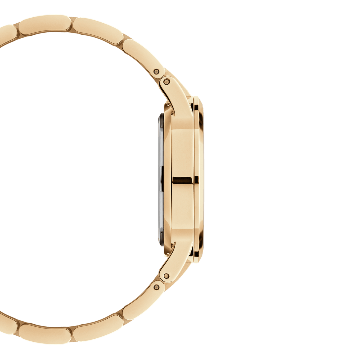 Side profile of Daniel Wellington Iconic Link gold ladies watch with slim case and polished gold stainless steel bracelet.