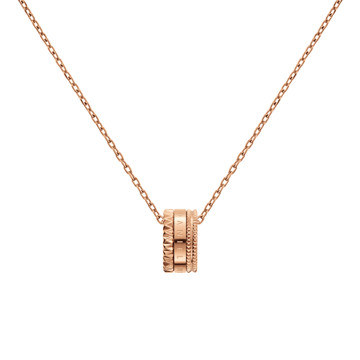 Elevation Necklace in rose gold featuring a sculpted geometric ring pendant with intricate detailing on a fine adjustable cable chain.