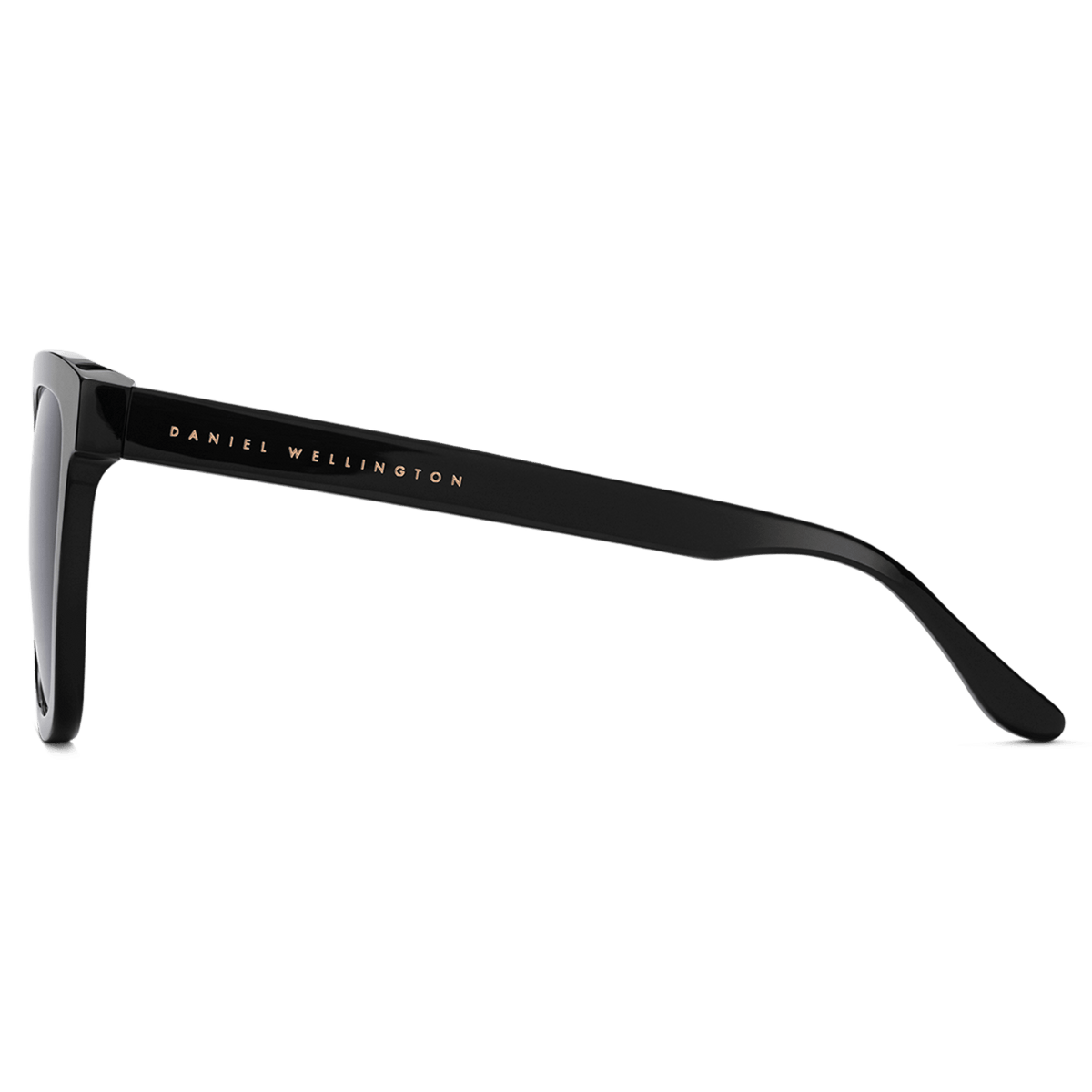 Side view of the Grande Bio-Acetate Black sunglasses showing the sleek black bio-acetate frame with gold Daniel Wellington branding on the arm.