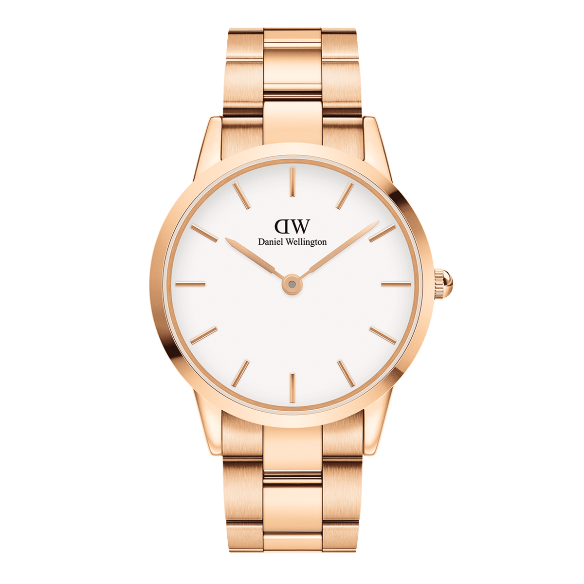 Daniel Wellington Iconic Link Rose Gold watch featuring a polished rose gold stainless steel bracelet and a minimalist eggshell white dial with gold index markers.
