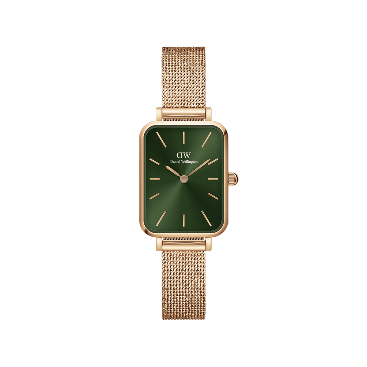 Rose gold Daniel Wellington women’s watch with emerald green square dial and pressed mesh strap, minimalist and elegant design.