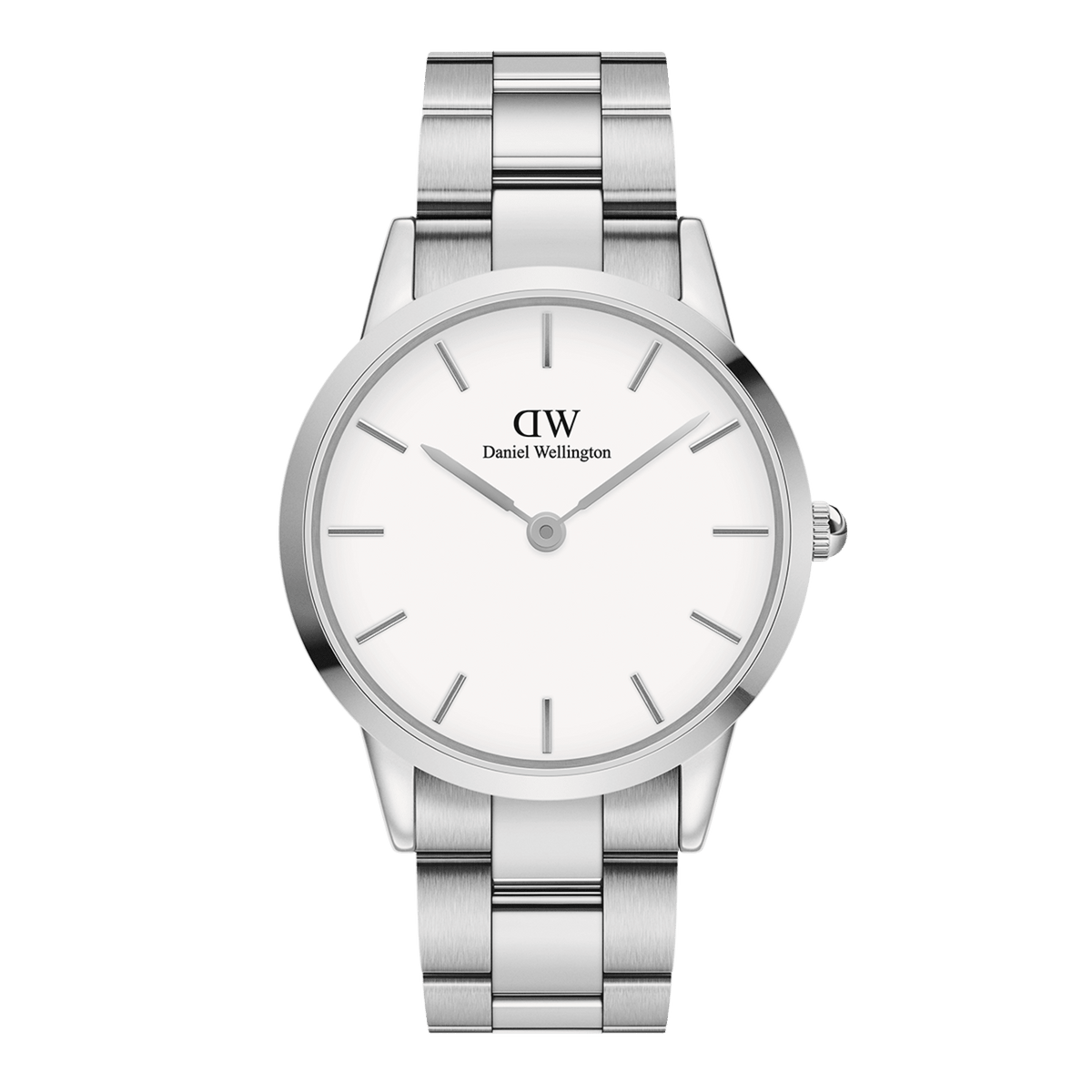 Daniel Wellington Iconic Link Silver watch featuring an eggshell white dial and polished stainless steel bracelet, unisex style.