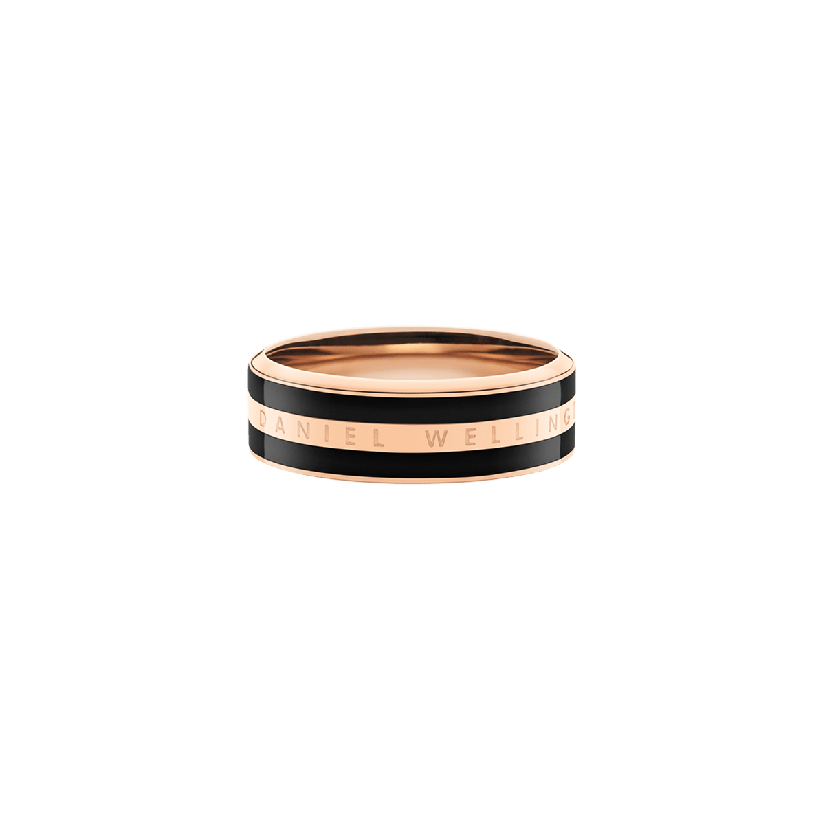 Rose gold Emalie Ring with a black enamel inlay and Daniel Wellington engraving, shown in a sleek minimalist band style.