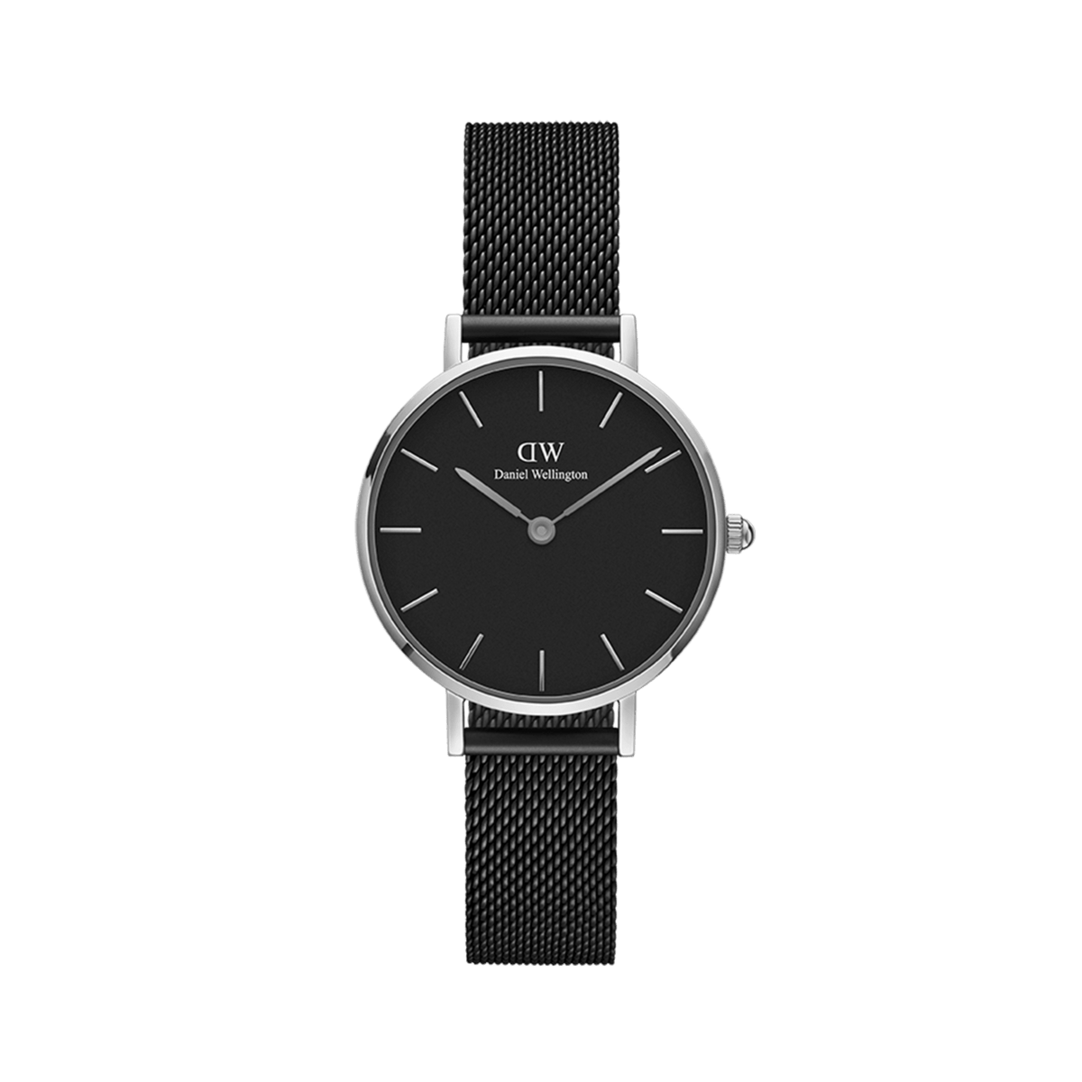 Petite Ashfield Silver women’s watch with black mesh strap, minimalist black dial, and polished silver case.