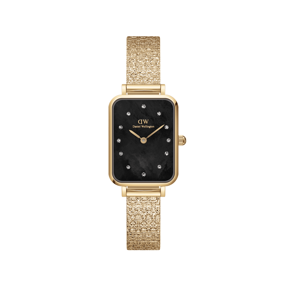Gold women’s watch with rectangular case, black mother of pearl dial, crystal markers, and pressed piano link strap.