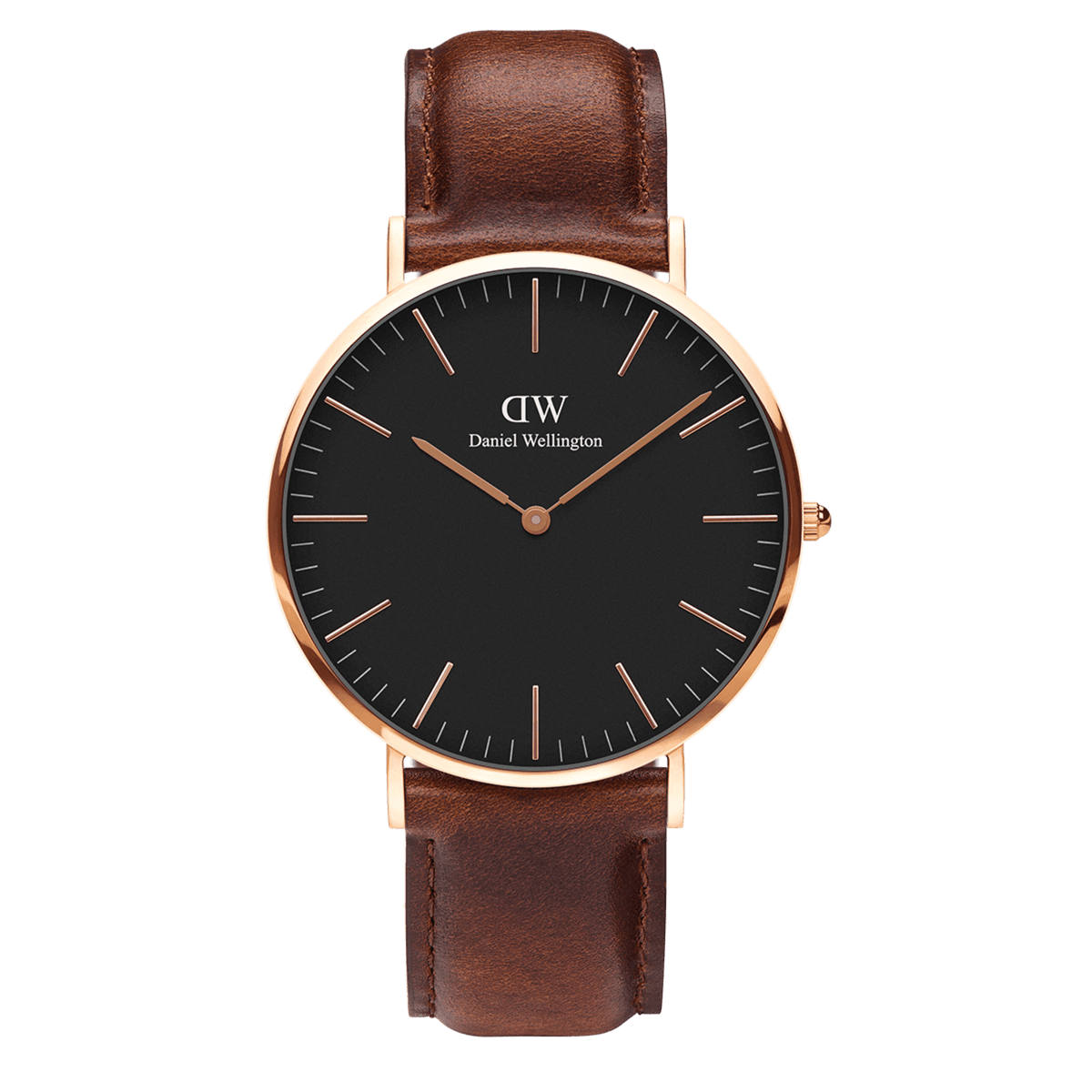 Classic St Mawes watch featuring a minimalist black dial, slim rose gold case, and a brown genuine leather strap.