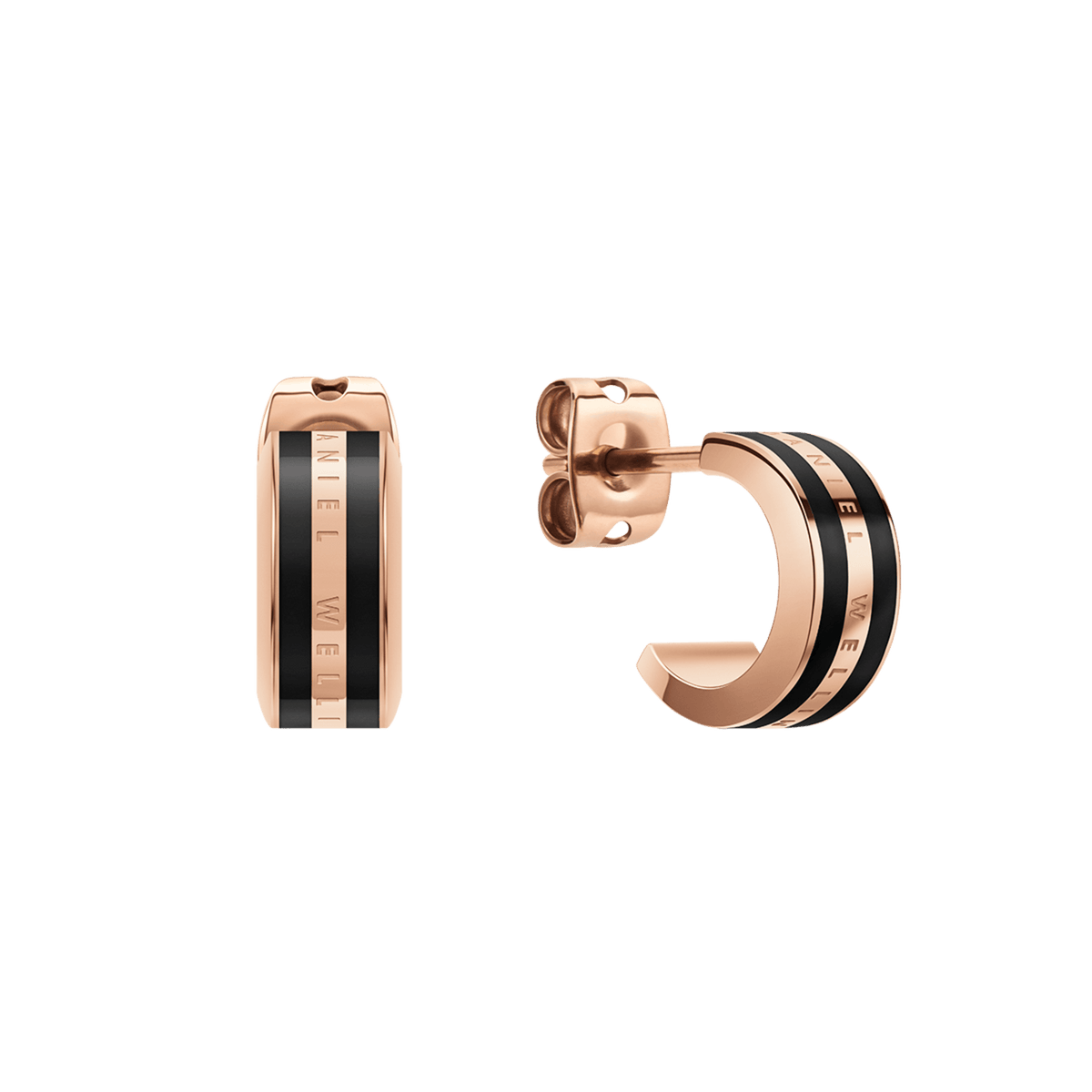 Pair of small hoop earrings in polished rose gold with a central black enamel stripe and Daniel Wellington engraving.