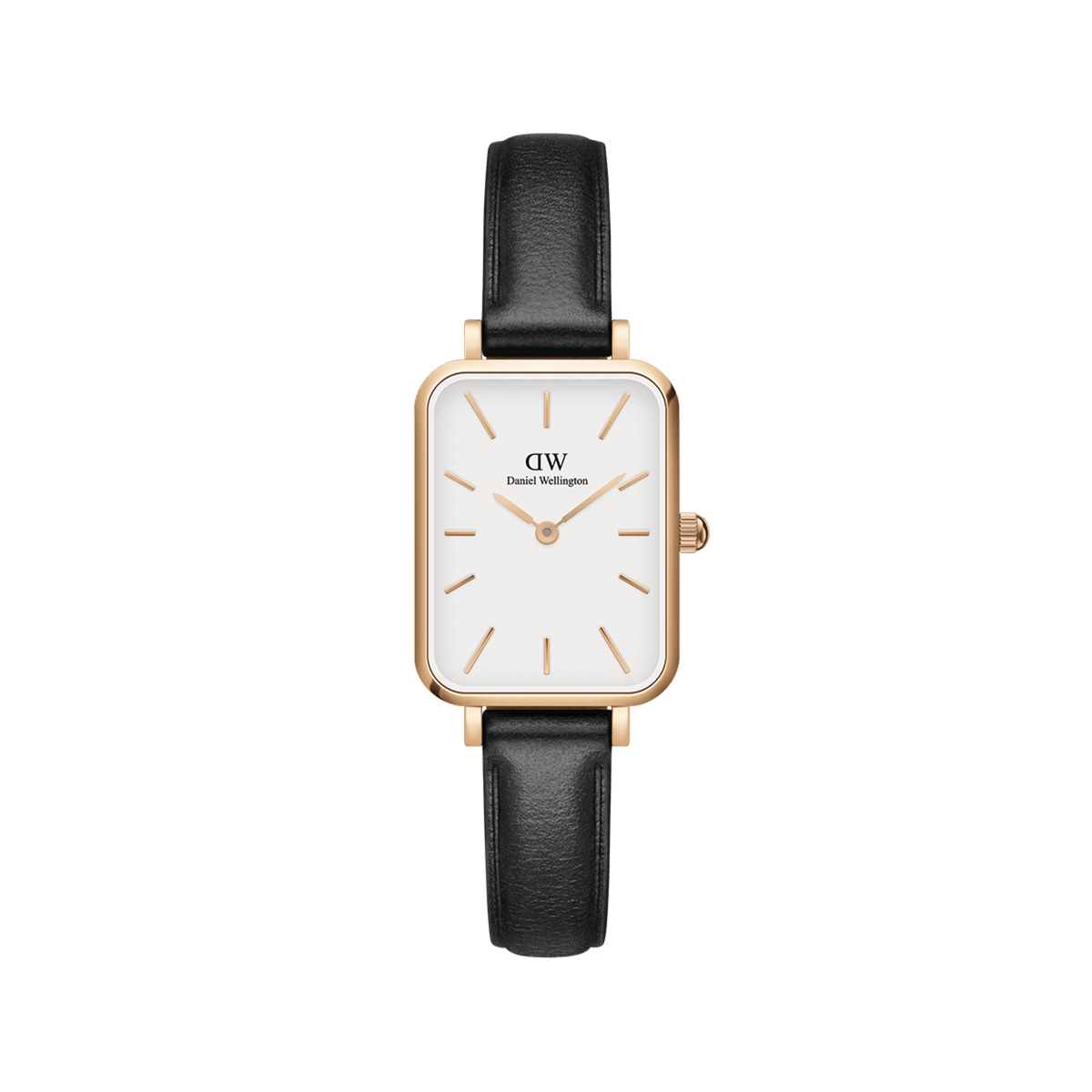 Rectangular Daniel Wellington Quadro Pressed Sheffield watch with an eggshell white dial, rose gold case, minimalist markers, and a black leather strap.