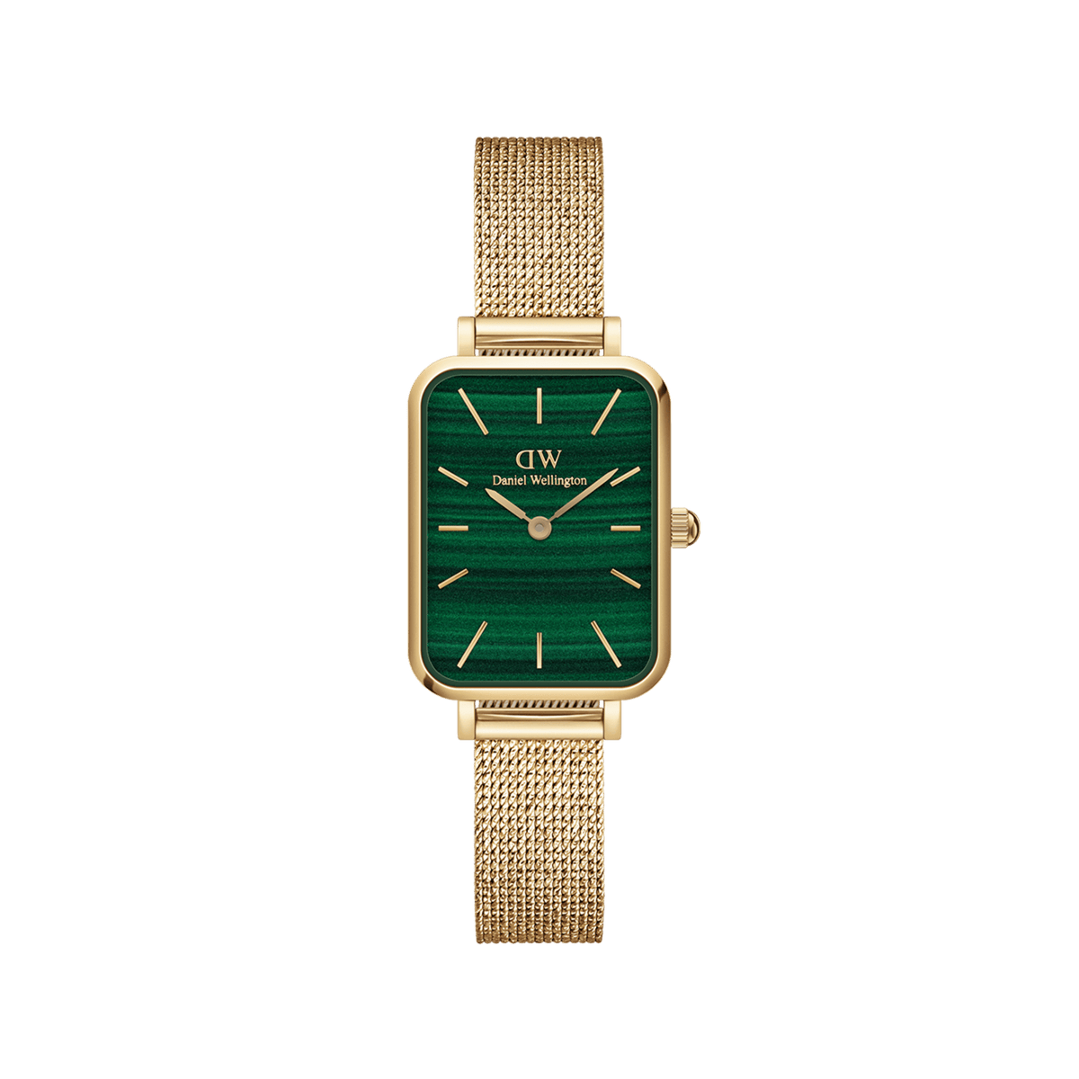 Gold Daniel Wellington Quadro Pressed Evergold women’s watch with green rectangular dial and gold mesh bracelet strap.
