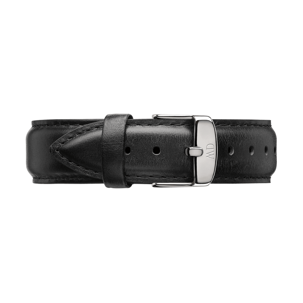 Genuine black leather watch strap with polished silver buckle, designed for the Daniel Wellington Classic Sheffield Black Silver.