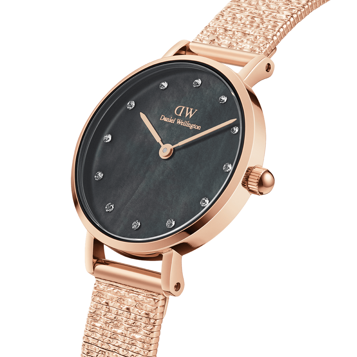 Elegant Petite Lumine Pressed Piano Black MoP Rose Gold watch with a black mother-of-pearl dial, crystal hour markers, and a rose gold pressed mesh strap.