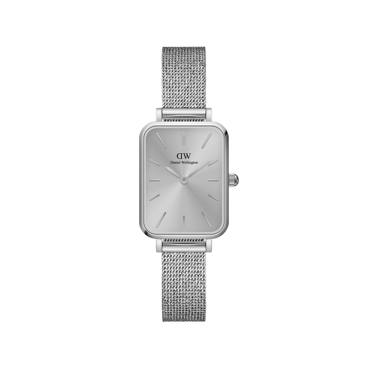 Quadro Pressed Unitone Silver ladies watch with rectangular dial and silver mesh strap, minimalist stainless steel design.