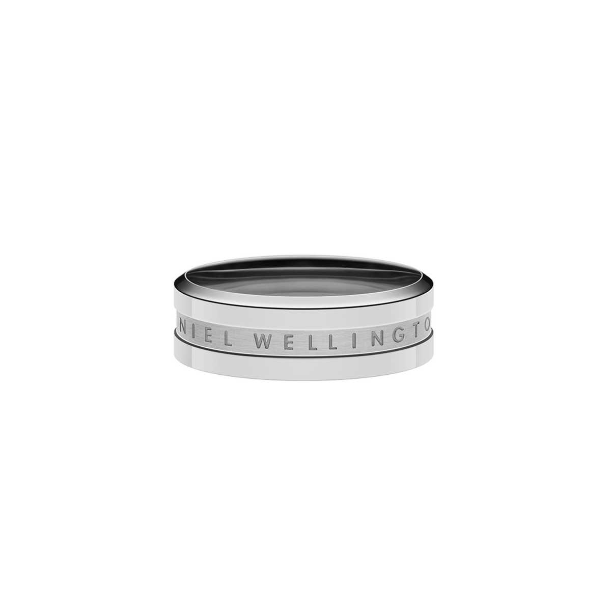 Elan Ring Silver shown from the side, highlighting its polished stainless steel band and engraved Daniel Wellington signature.
