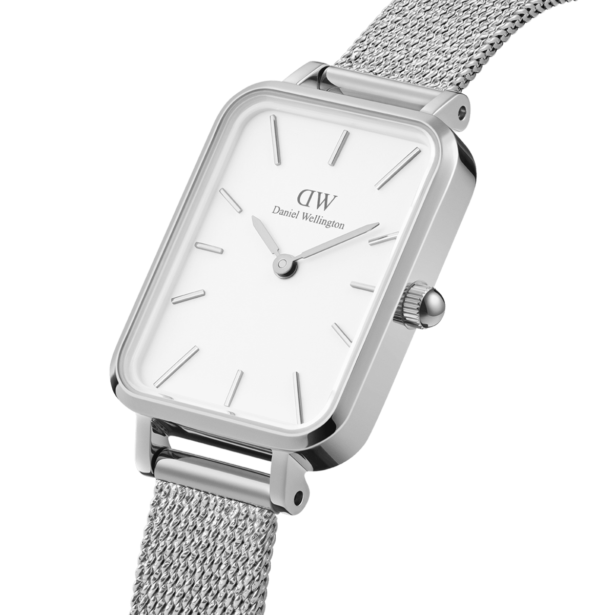 Quadro Pressed Sterling silver women’s watch with rectangular eggshell white dial and stainless steel mesh strap.
