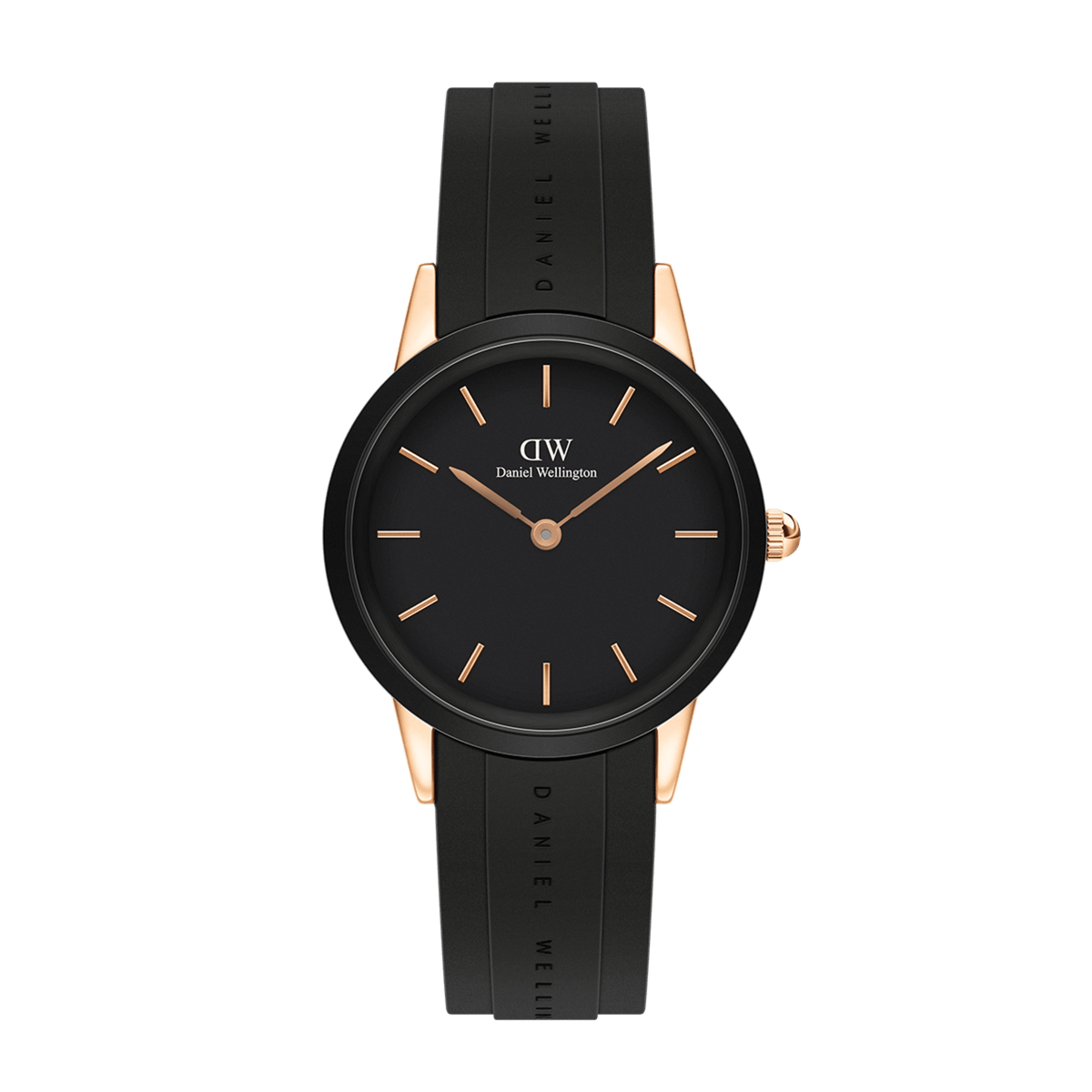 Daniel Wellington Iconic Motion Rose Gold women’s watch with black dial, rose gold markers, and black rubber strap.