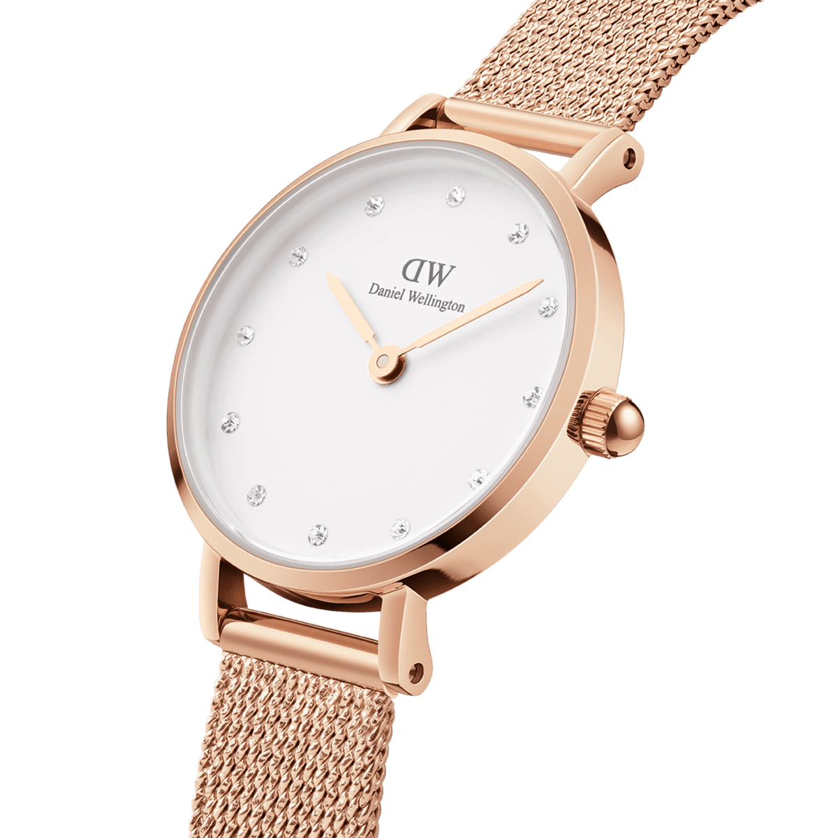 Petite Lumine Pressed Melrose women’s watch with rose gold mesh strap and crystal-set eggshell white dial.