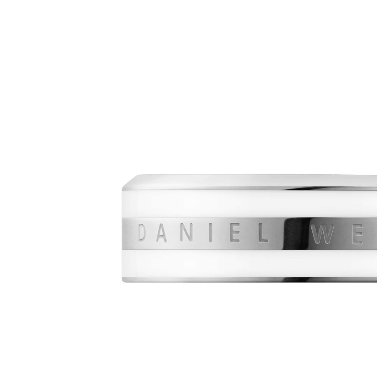 Sleek silver ring featuring a satin white enamel band and the Daniel Wellington logo engraved along the centre.
