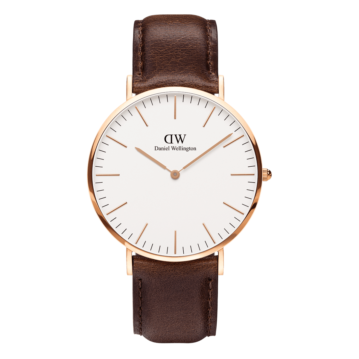 Classic Bristol Rose Gold watch featuring an eggshell white dial, slim rose gold markers, and a dark brown genuine leather strap.