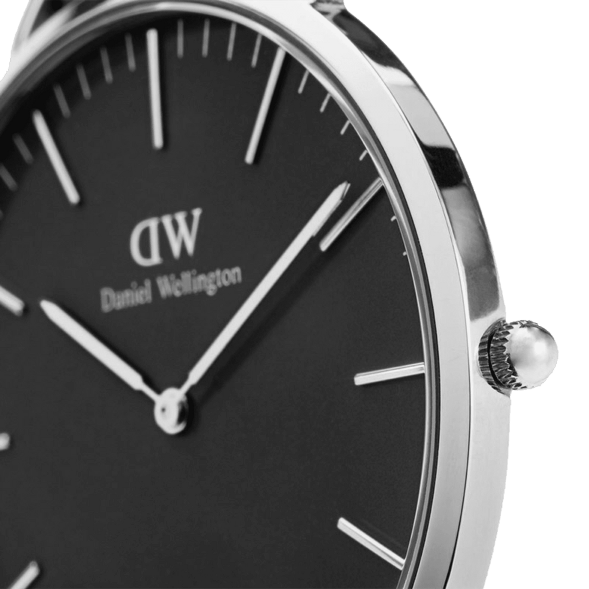 Side angle of the Classic Cornwall Black Silver watch showing the slim stainless steel case, black dial, and minimalist silver markers and hands.