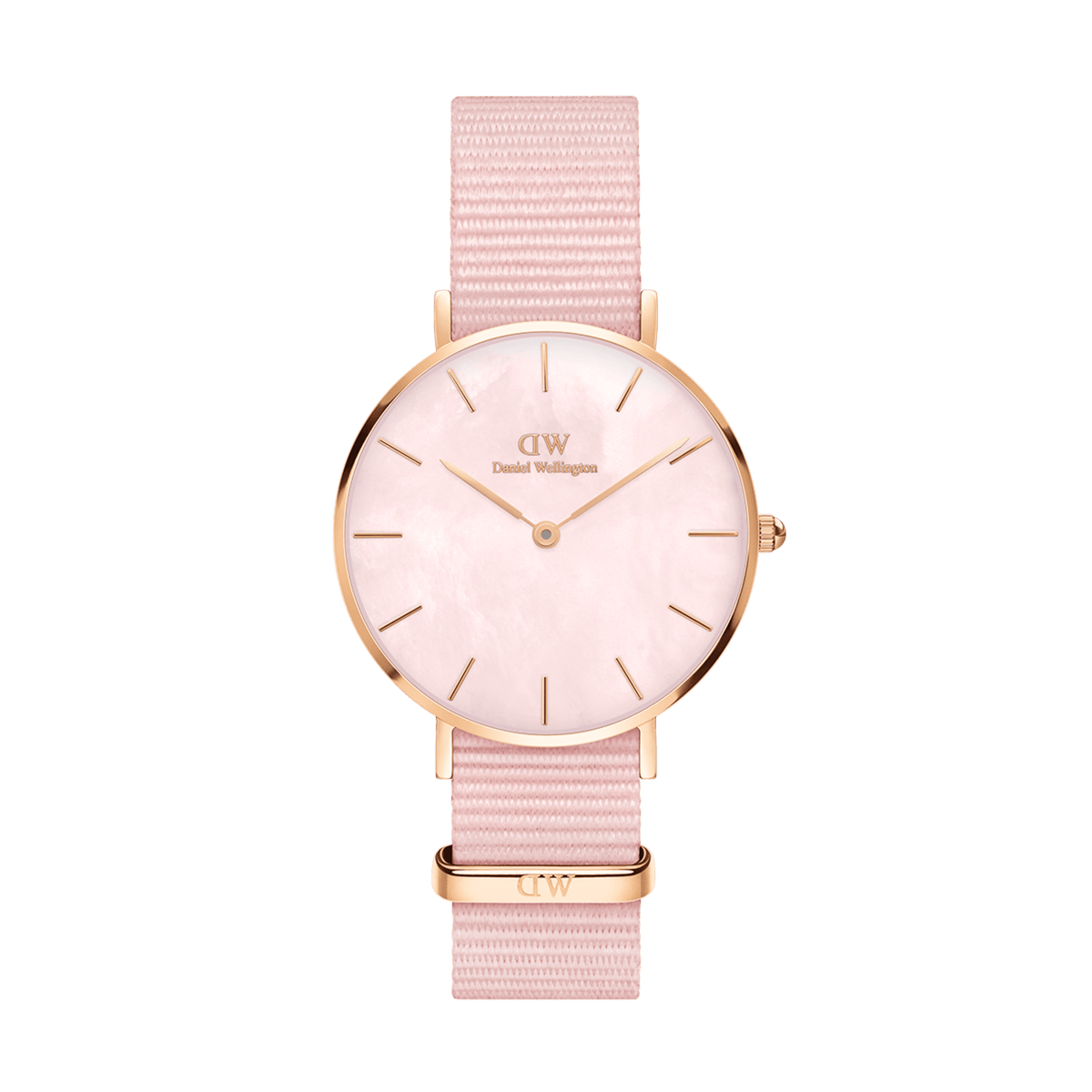 Daniel Wellington Petite Coral Rose Gold MOP watch featuring a pink mother of pearl dial, rose gold-plated case, and a pastel pink NATO strap.