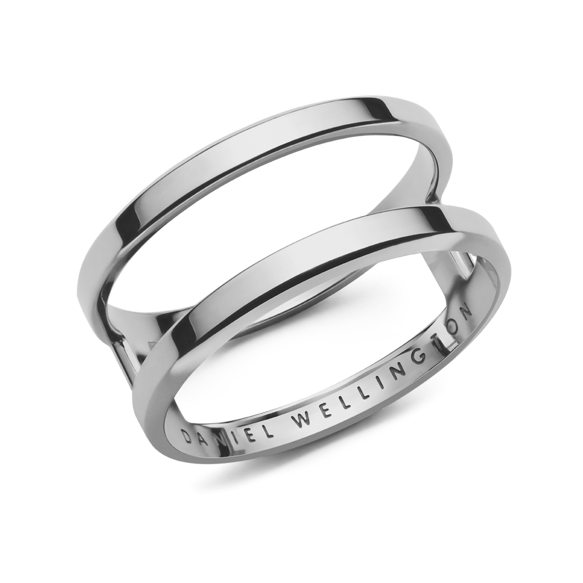 Polished silver dual band ring with a minimalist open design and discreet Daniel Wellington engraving on the inner band.