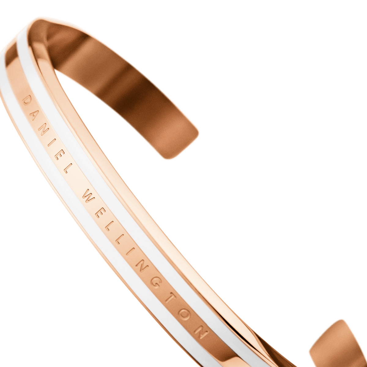 Detail of the Emalie Slim Bracelet in rose gold with a satin white enamel inlay and Daniel Wellington logo engraved along the side.