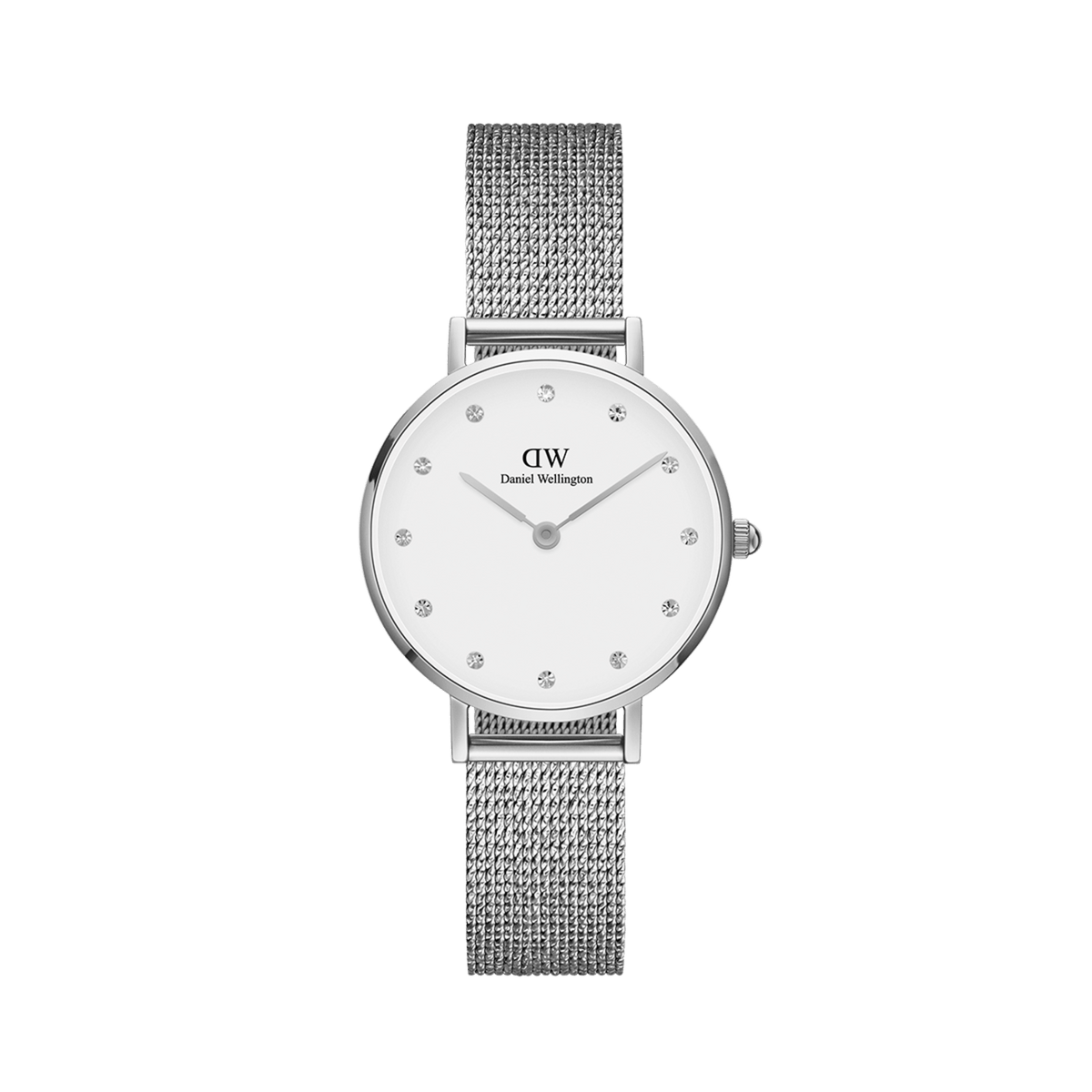 Petite Lumine Pressed Sterling women’s watch with silver mesh strap, crystal hour markers, and minimalist white dial.