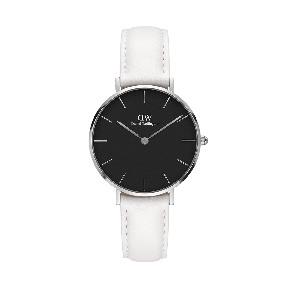 Daniel Wellington Petite Bondi Black Silver women’s watch featuring a black minimalist dial, slim silver hands and markers, polished silver case, and a white genuine leather strap.