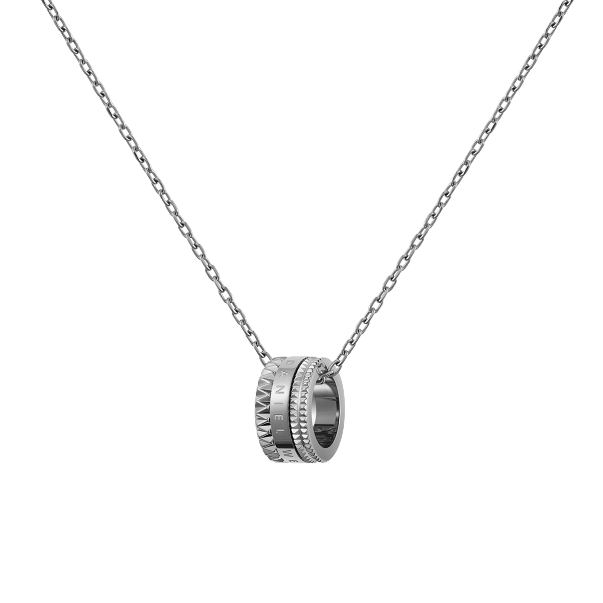 Silver necklace featuring a polished geometric ring pendant with engraved detailing, suspended from a delicate cable chain.