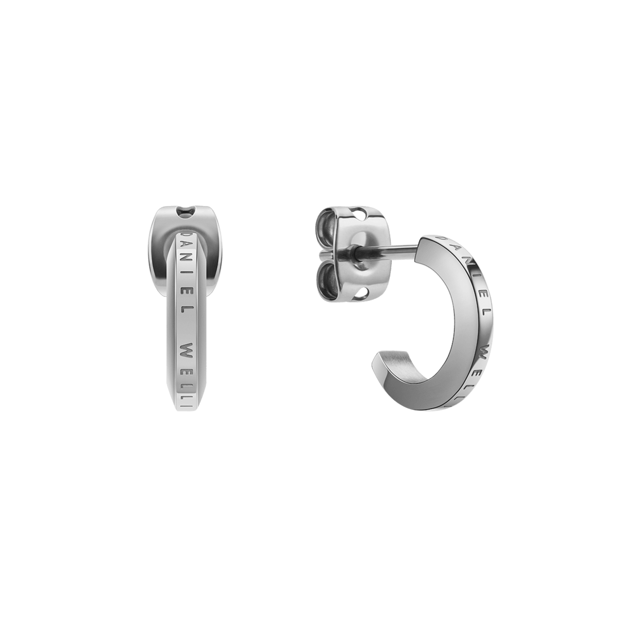 Silver Elan huggie earrings with engraved Daniel Wellington logo, polished stainless steel, post and butterfly fastening.