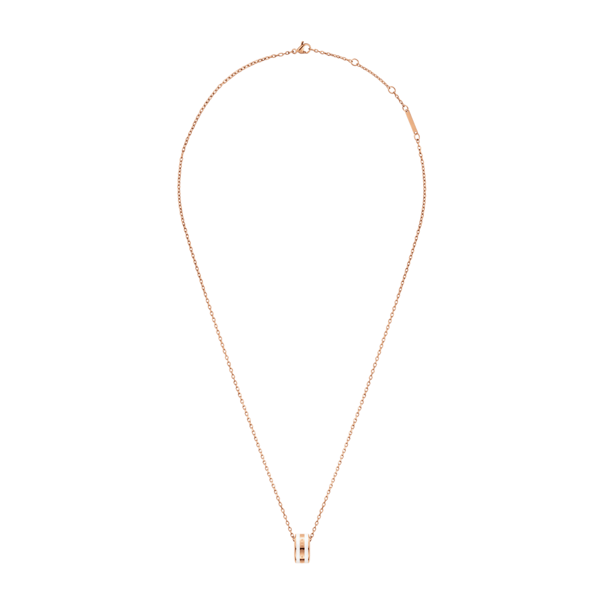 Emalie Necklace in rose gold with an adjustable fine chain and a satin white enamel ring pendant, featuring subtle engraved detailing.