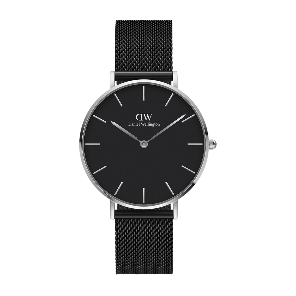 Petite Ashfield Silver women’s watch with black dial, silver case, and black stainless steel mesh strap by Daniel Wellington.