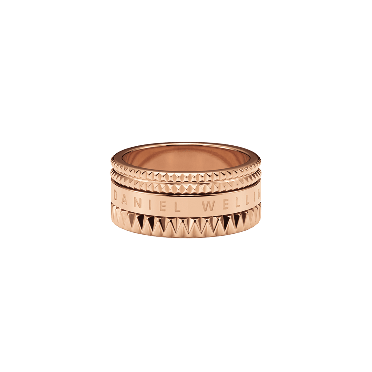 Elevation Ring Rose Gold featuring a wide band, geometric textured edges, and engraved Daniel Wellington branding in polished rose gold stainless steel.