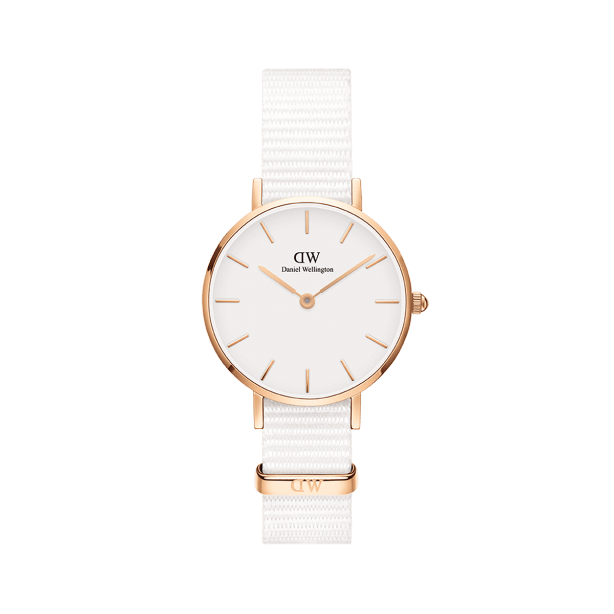 Petite Dover Rose Gold watch with an eggshell-white dial, minimalist rose gold markers, and a crisp white NATO strap.