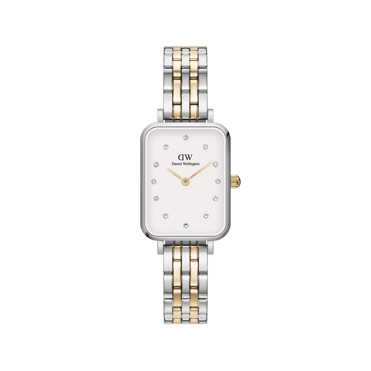 Rectangular Quadro Lumine 5-link two-tone women’s watch with silver and gold bracelet, crystal markers, and eggshell white dial.