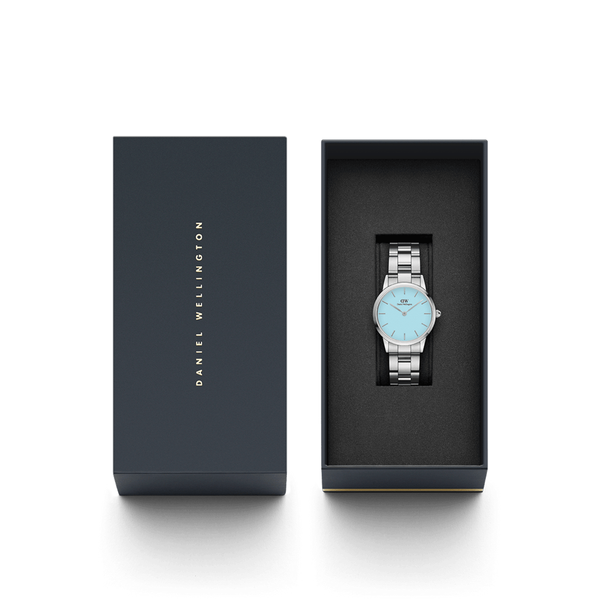 Daniel Wellington Iconic Link Capri Silver women’s watch with pastel blue dial, presented in a branded gift box.