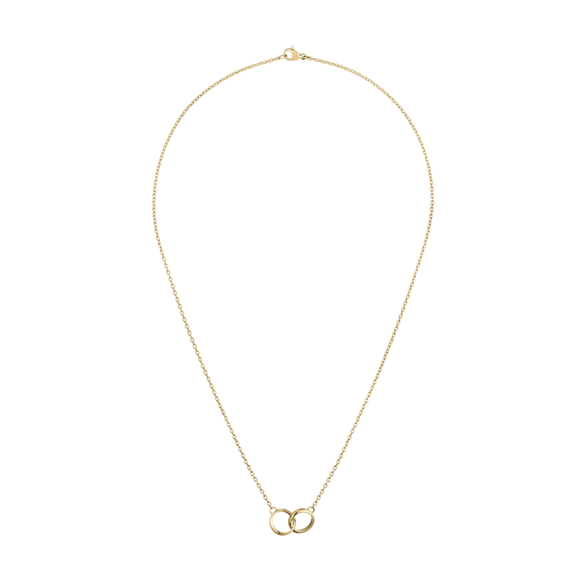Elan Unity Necklace Gold featuring two interlocking rings on a fine gold chain, designed for a minimalist and elegant look.