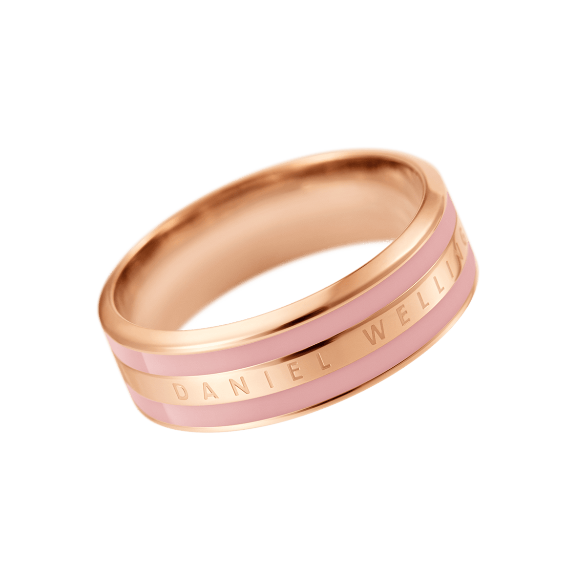 Rose gold ring with a smooth dusty rose enamel inlay, featuring Daniel Wellington engraving and a polished, modern finish.